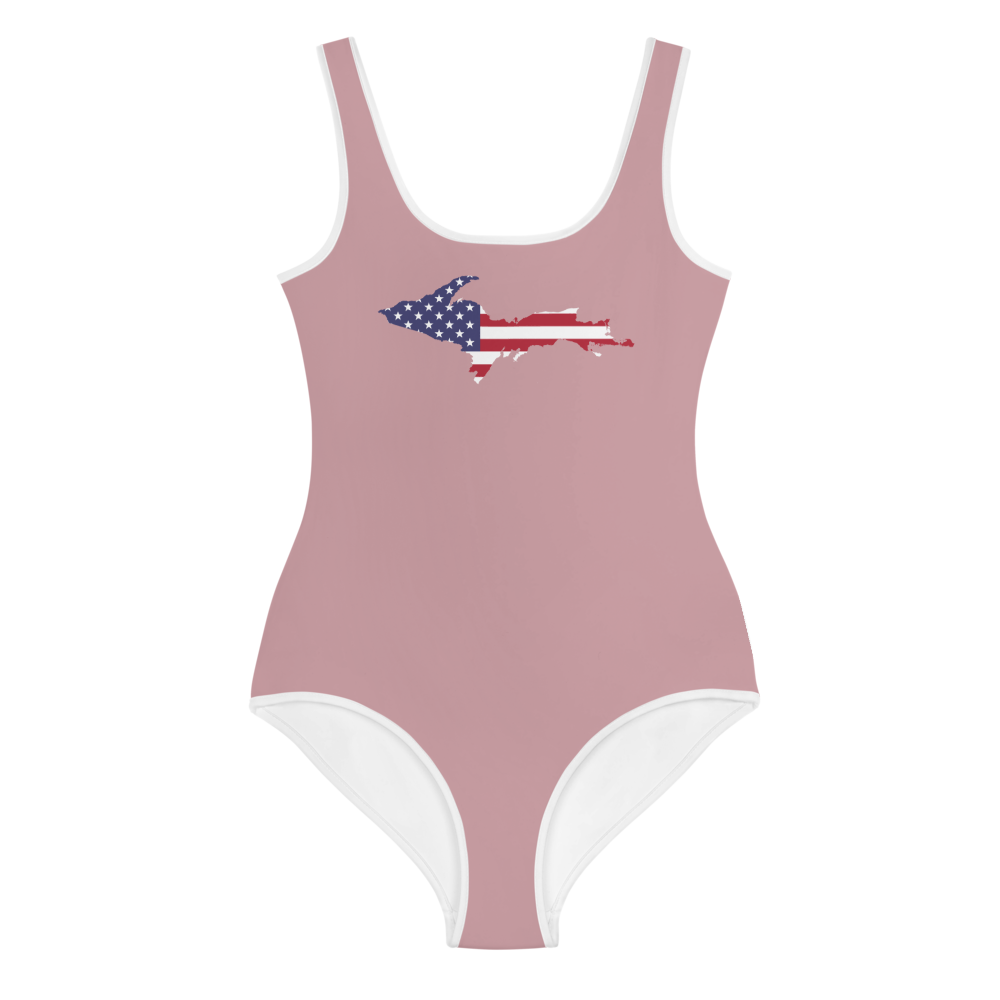 Michigan Upper Peninsula Youth Swimsuit (w/ UP Outline) | Cherry Blossom Pink