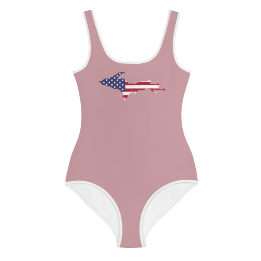 Michigan Upper Peninsula Youth Swimsuit (w/ UP Outline) | Cherry Blossom Pink