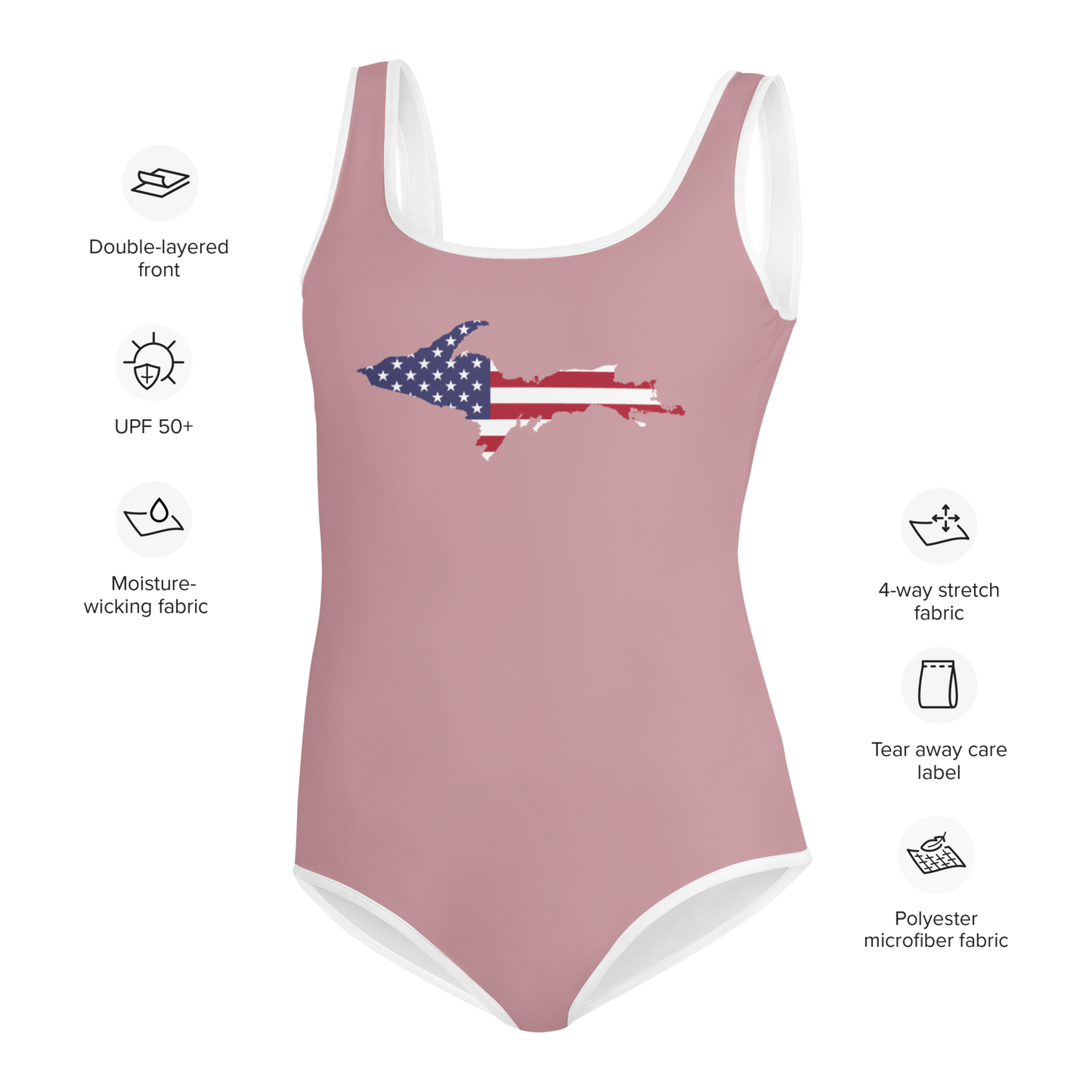 Michigan Upper Peninsula Youth Swimsuit (w/ UP Outline) | Cherry Blossom Pink