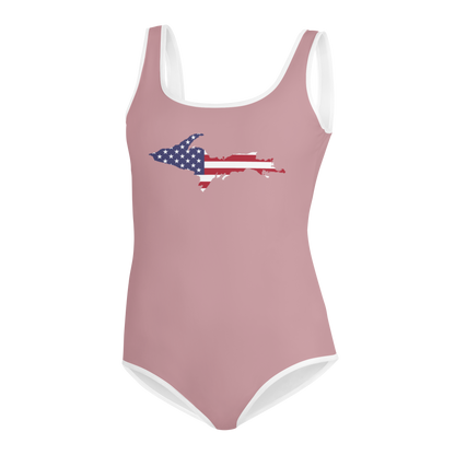 Michigan Upper Peninsula Youth Swimsuit (w/ UP Outline) | Cherry Blossom Pink