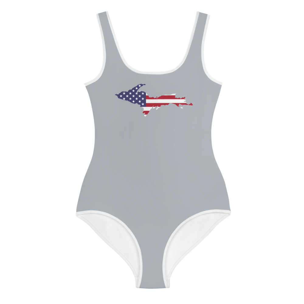 Michigan Upper Peninsula Youth Swimsuit (w/ UP Outline) | Silver