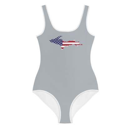 Michigan Upper Peninsula Youth Swimsuit (w/ UP Outline) | Silver