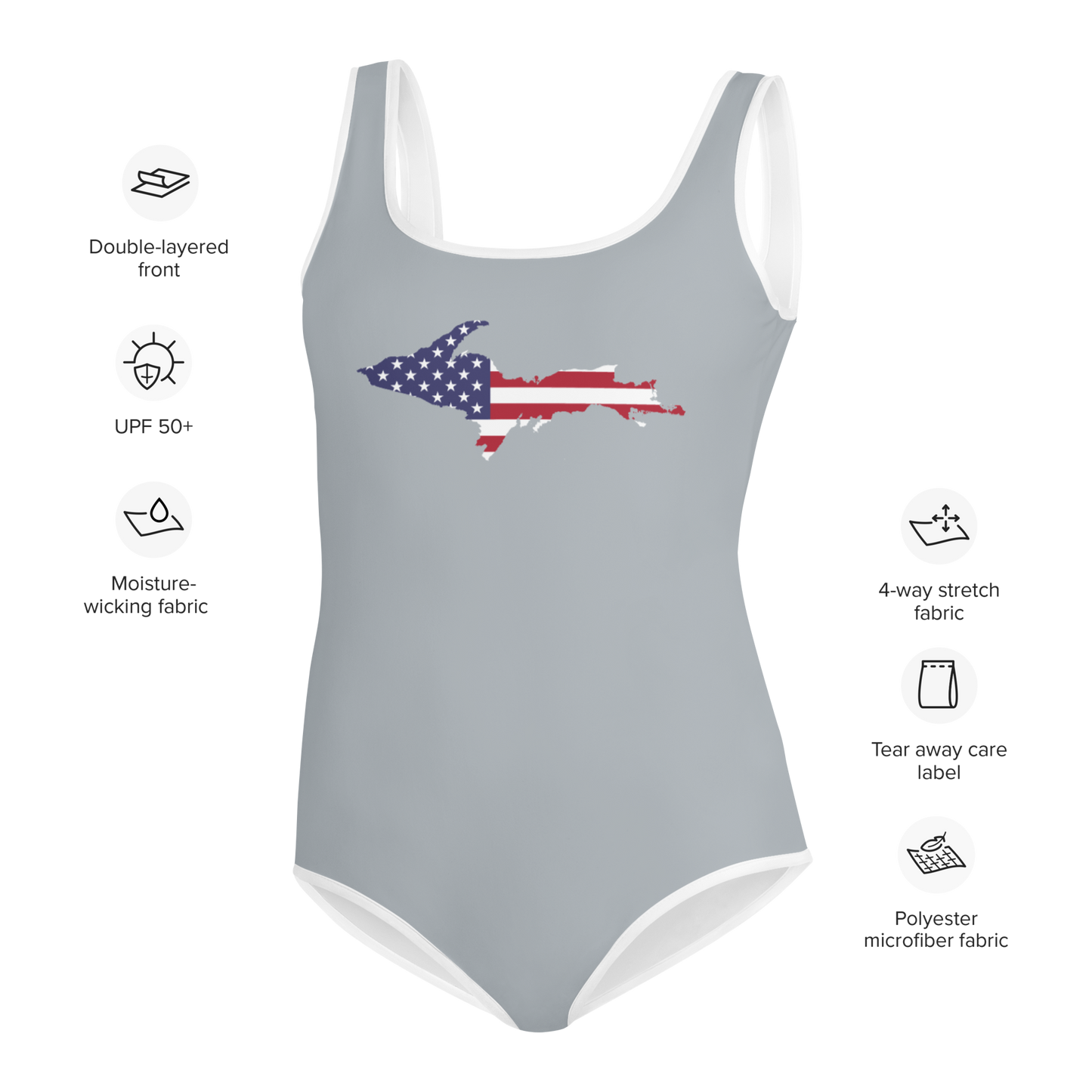 Michigan Upper Peninsula Youth Swimsuit (w/ UP Outline) | Silver