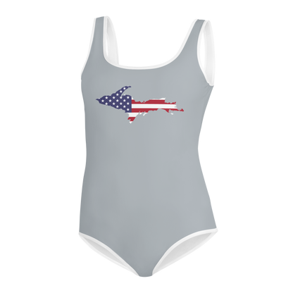 Michigan Upper Peninsula Youth Swimsuit (w/ UP Outline) | Silver