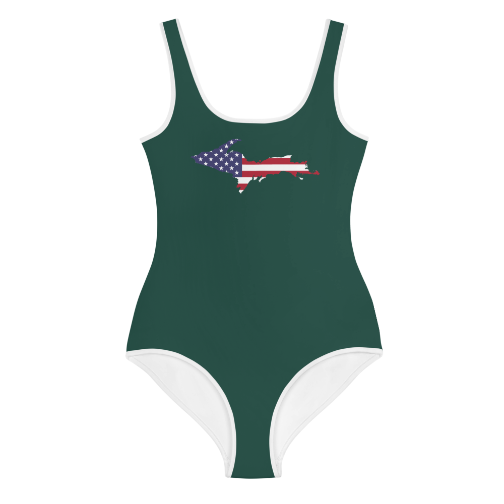 Michigan Upper Peninsula Youth Swimsuit (w/ UP Outline) | Laconic Green