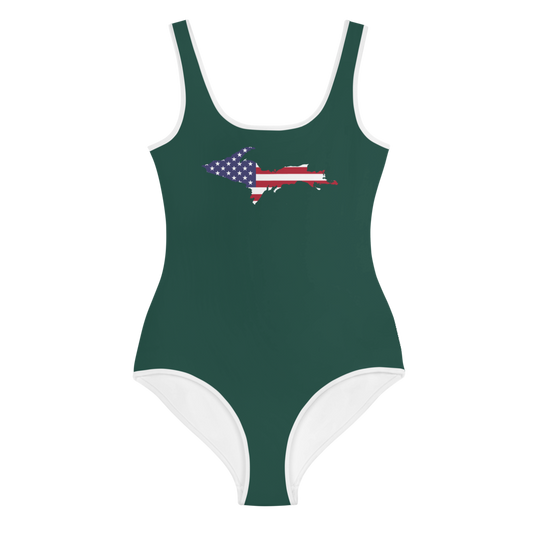 Michigan Upper Peninsula Youth Swimsuit (w/ UP Outline) | Laconic Green