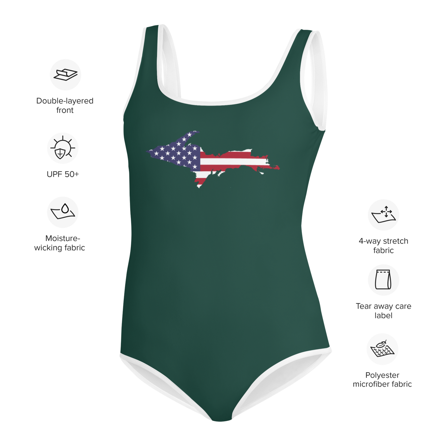 Michigan Upper Peninsula Youth Swimsuit (w/ UP Outline) | Laconic Green