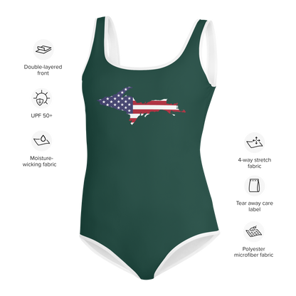 Michigan Upper Peninsula Youth Swimsuit (w/ UP Outline) | Laconic Green