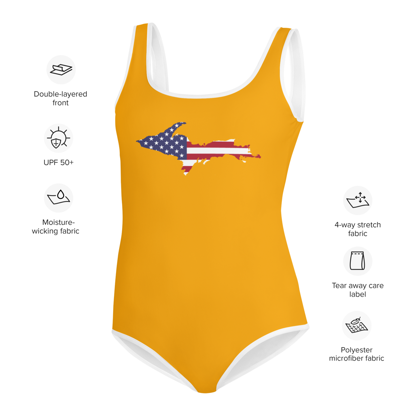 Michigan Upper Peninsula Youth Swimsuit (w/ UP Outline) | Birch Leaf Orange