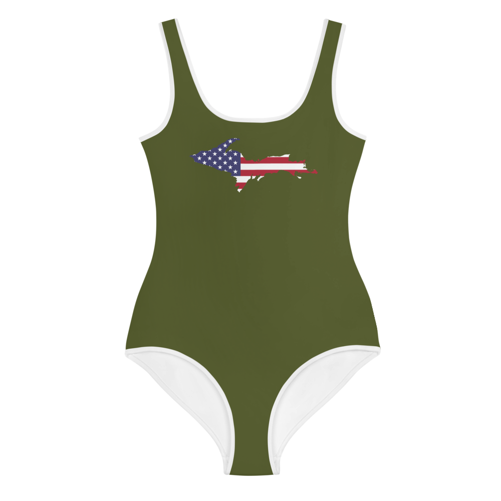 Michigan Upper Peninsula Youth Swimsuit (w/ UP Outline) | Army Green