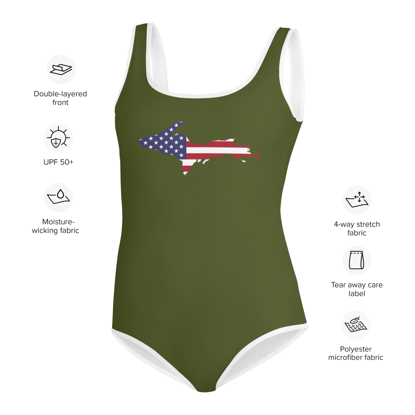 Michigan Upper Peninsula Youth Swimsuit (w/ UP Outline) | Army Green