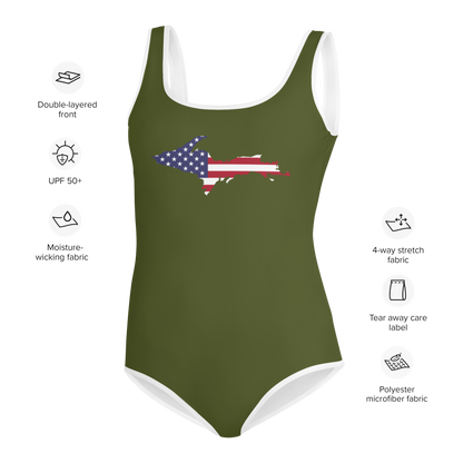 Michigan Upper Peninsula Youth Swimsuit (w/ UP Outline) | Army Green