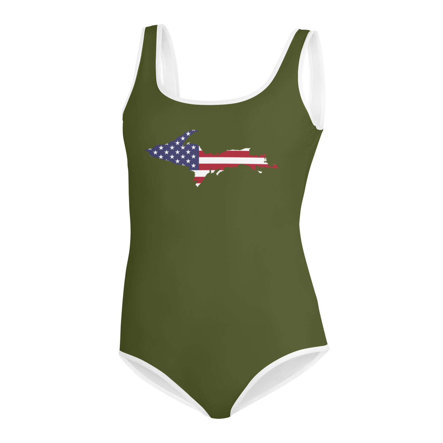 Michigan Upper Peninsula Youth Swimsuit (w/ UP Outline) | Army Green