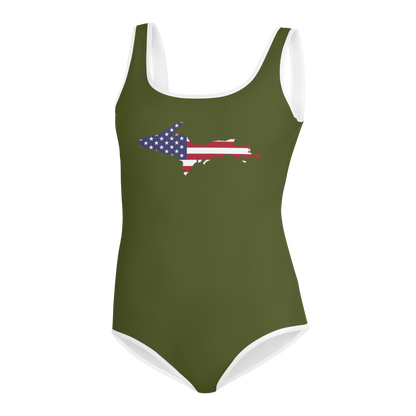 Michigan Upper Peninsula Youth Swimsuit (w/ UP Outline) | Army Green