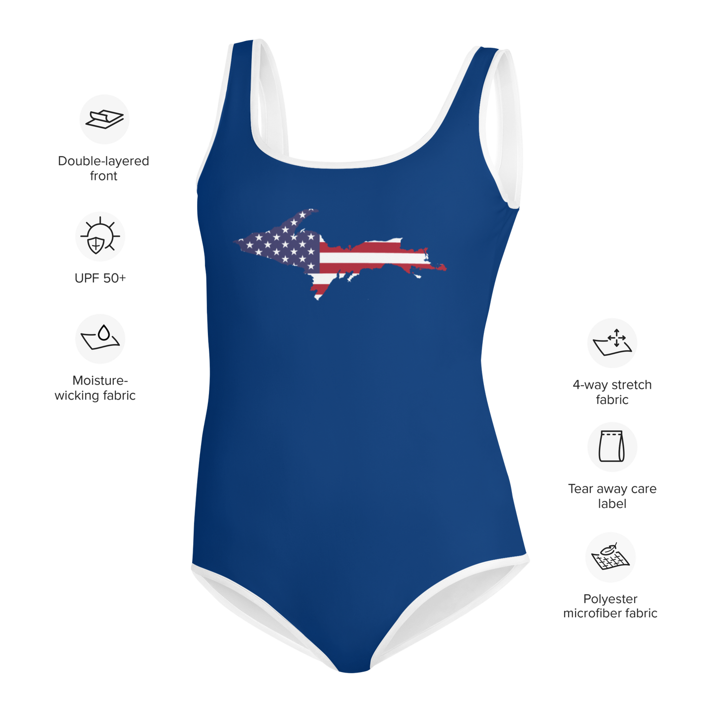 Michigan Upper Peninsula Youth Swimsuit (w/ UP Outline) | Dearborn Blue