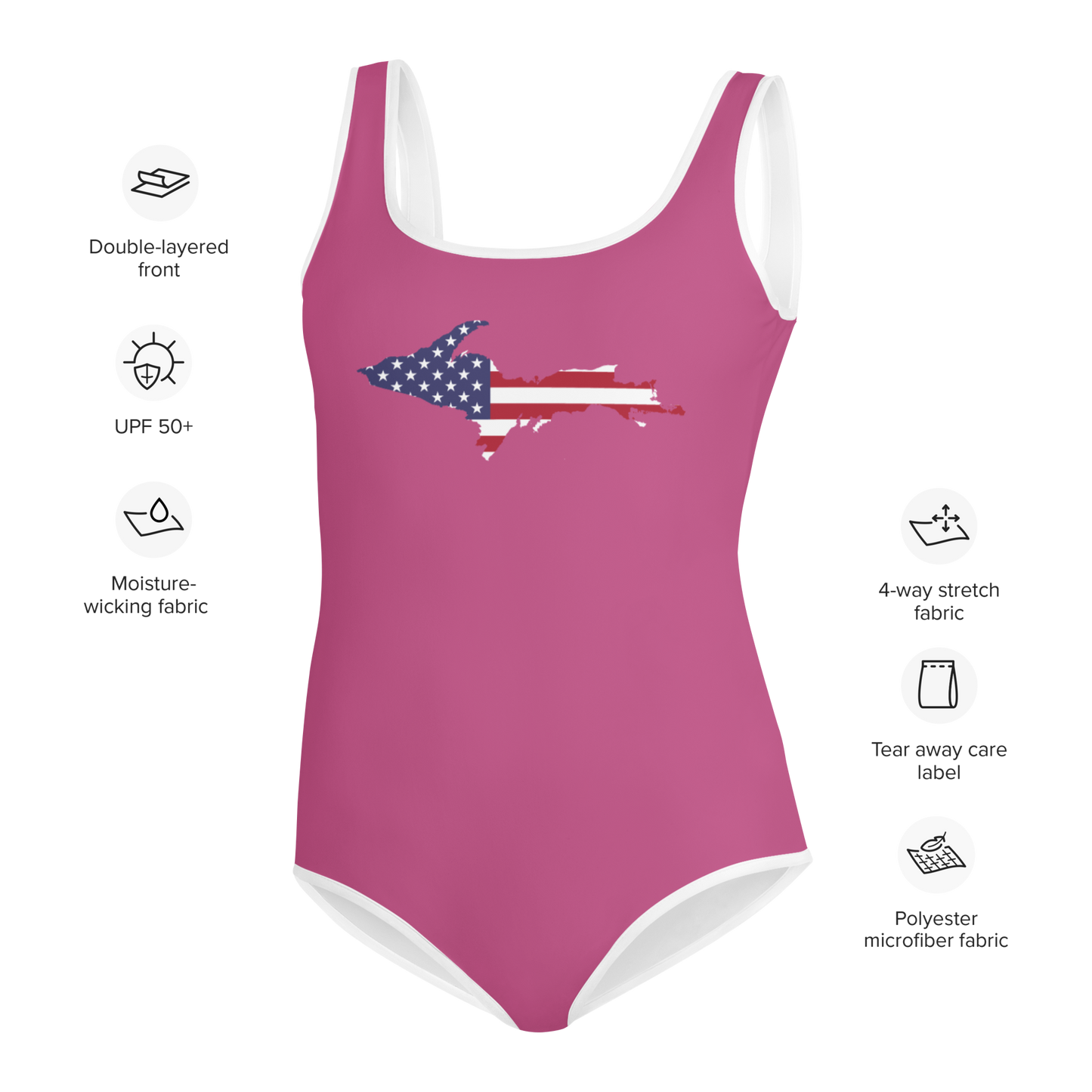 Michigan Upper Peninsula Youth Swimsuit (w/ UP Outline) | Apple Blossom Pink