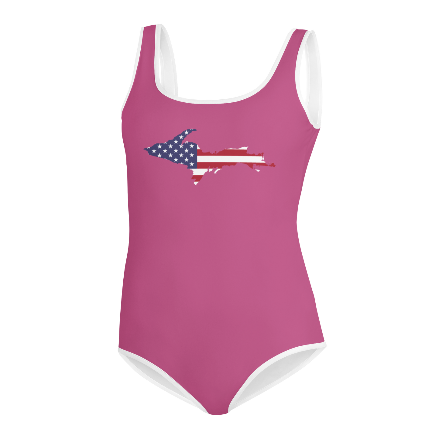 Michigan Upper Peninsula Youth Swimsuit (w/ UP Outline) | Apple Blossom Pink