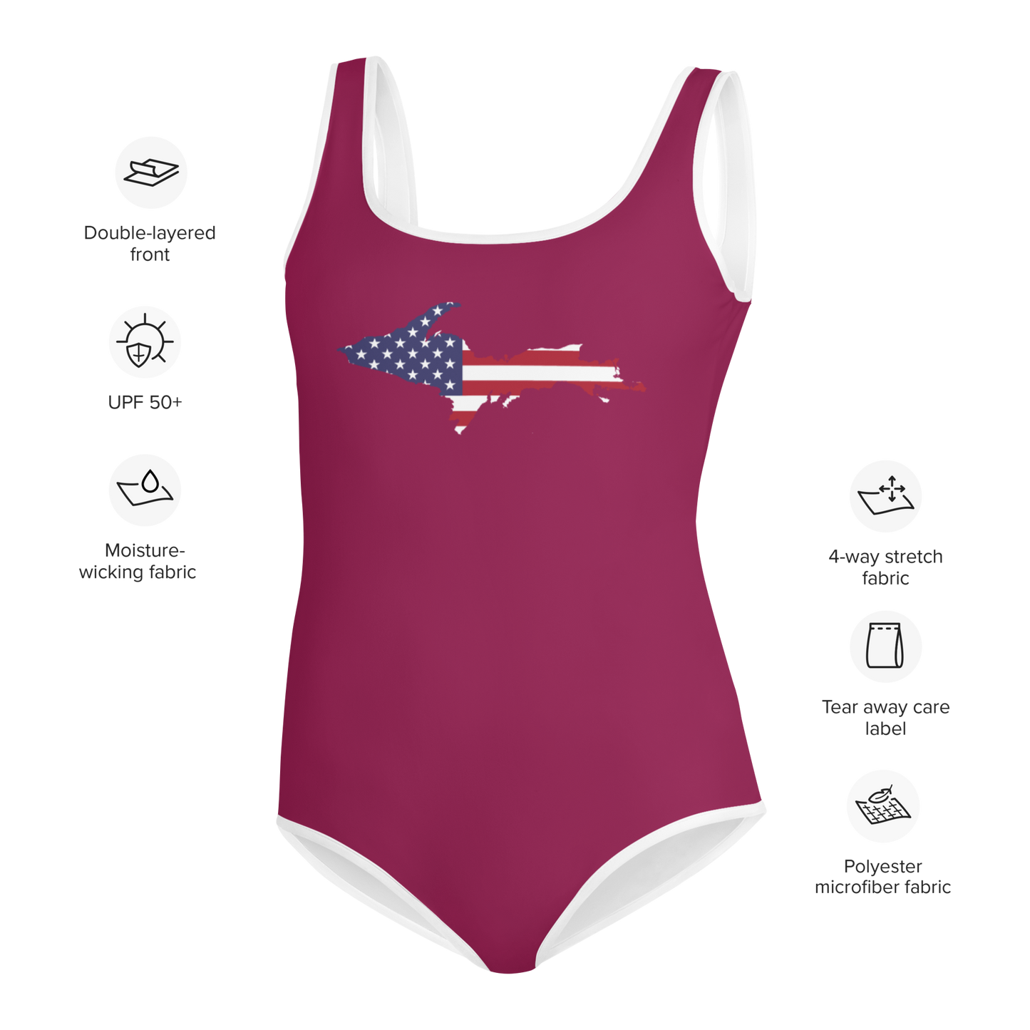 Michigan Upper Peninsula Youth Swimsuit (w/ UP Outline) | Ruby Red