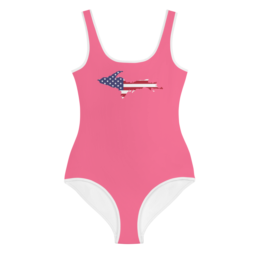 Michigan Upper Peninsula Youth Swimsuit (w/ UP Outline) | Rhodochrosite Pink