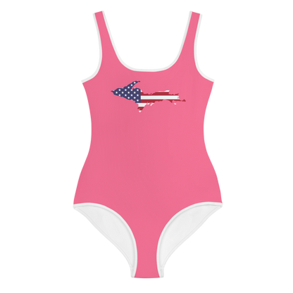 Michigan Upper Peninsula Youth Swimsuit (w/ UP Outline) | Rhodochrosite Pink