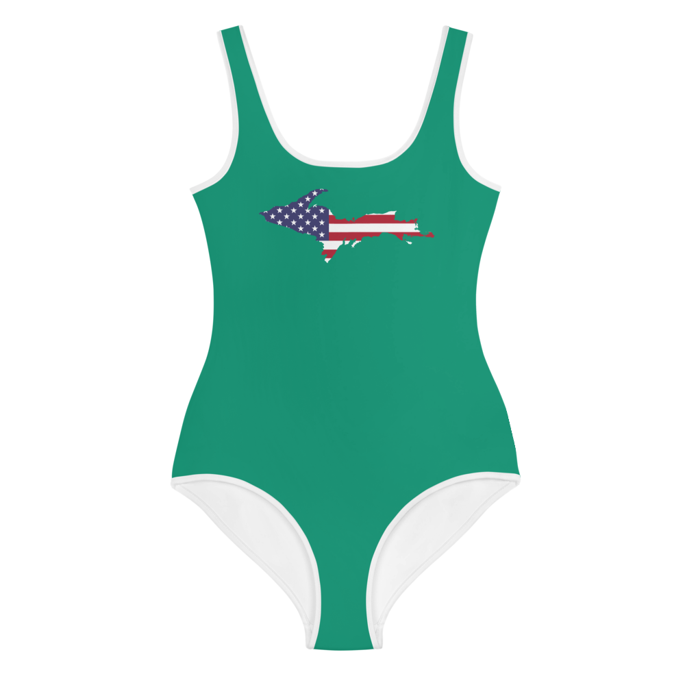 Michigan Upper Peninsula Youth Swimsuit (w/ UP Outline) | Emerald Green