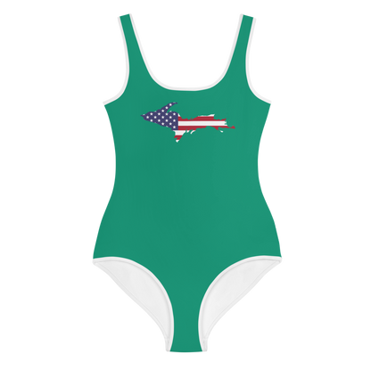 Michigan Upper Peninsula Youth Swimsuit (w/ UP Outline) | Emerald Green