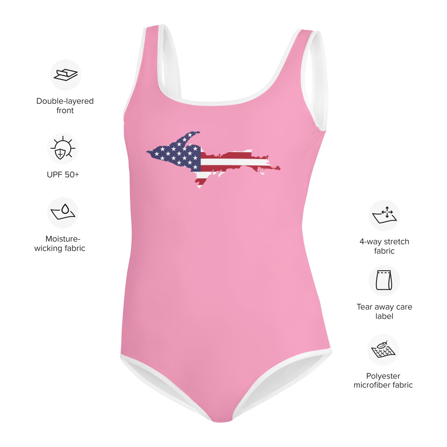 Michigan Upper Peninsula Youth Swimsuit (w/ UP Outline) | '67 Caddie Pink