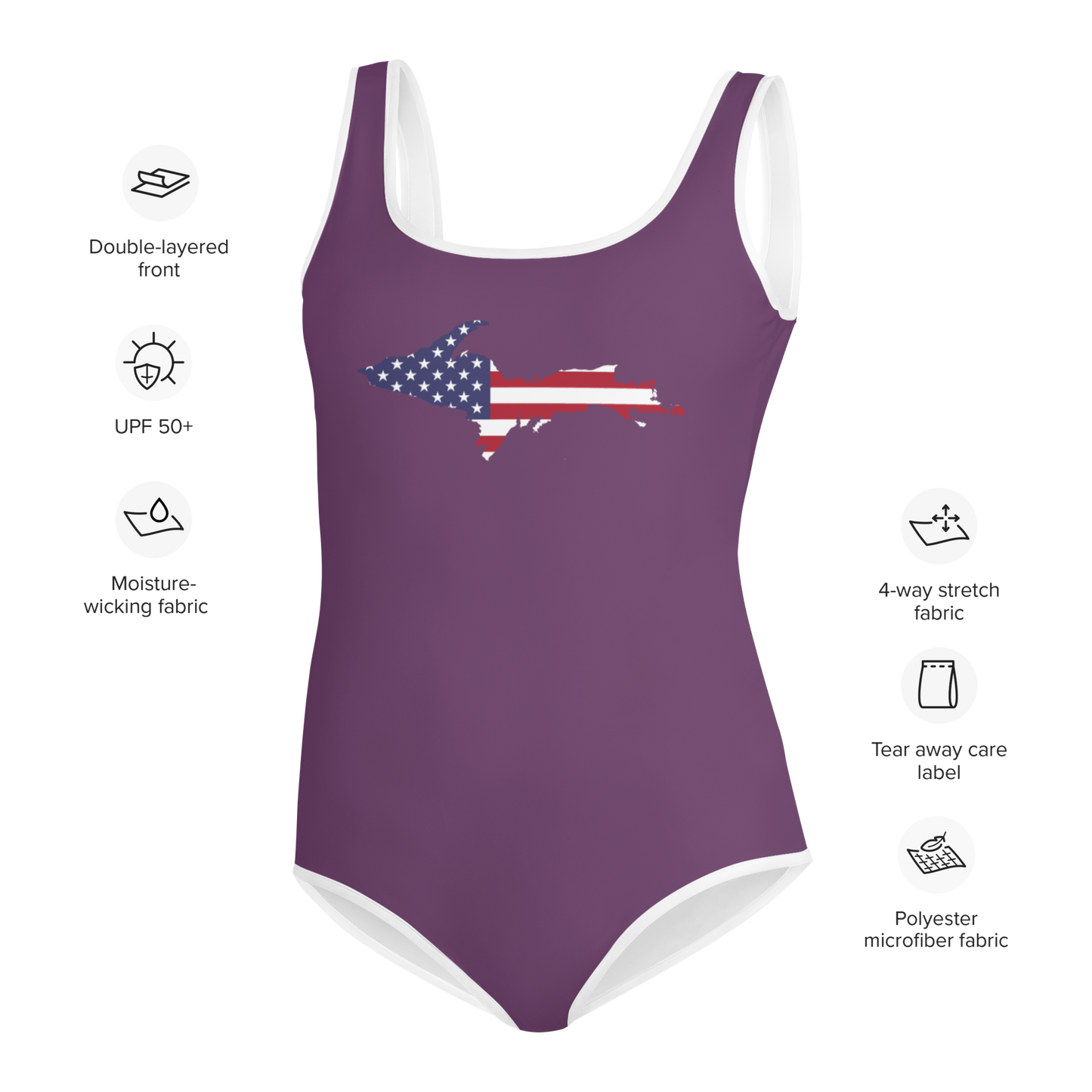 Michigan Upper Peninsula Youth Swimsuit (w/ UP Outline) | Plum