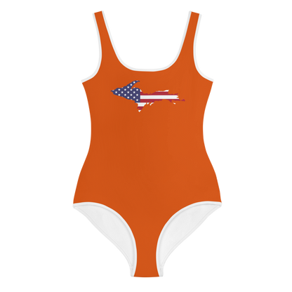 Michigan Upper Peninsula Youth Swimsuit (w/ UP Outline) | Maple Leaf Orange