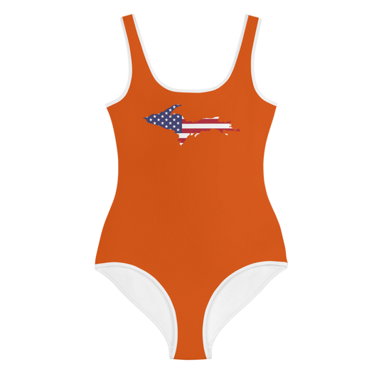 Michigan Upper Peninsula Youth Swimsuit (w/ UP Outline) | Maple Leaf Orange