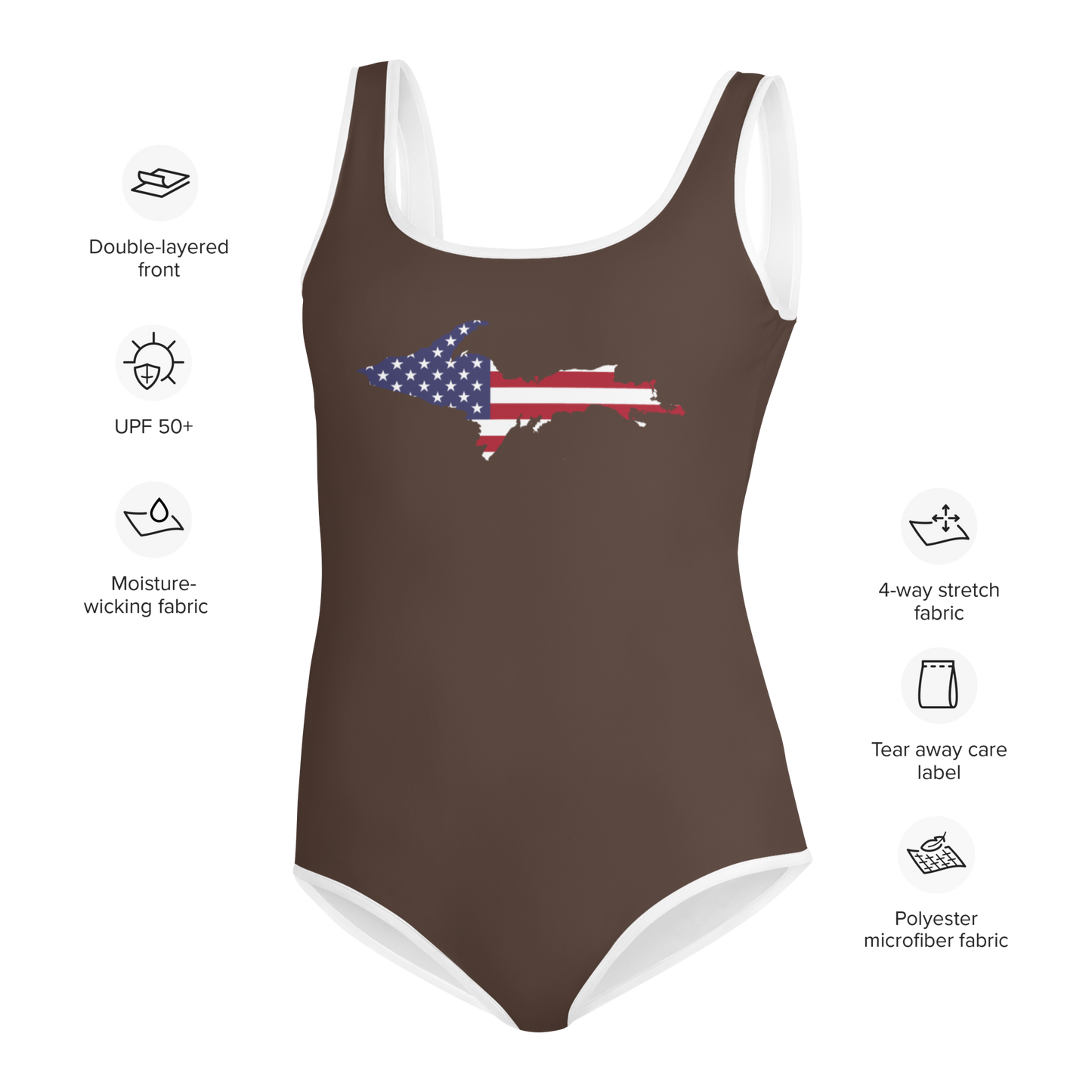 Michigan Upper Peninsula Youth Swimsuit (w/ UP Outline) | Hickory Color