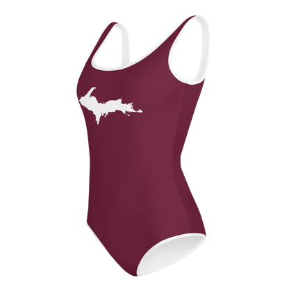 Michigan Upper Peninsula Youth Swimsuit (w/ UP Outline) | Old Mission Burgundy