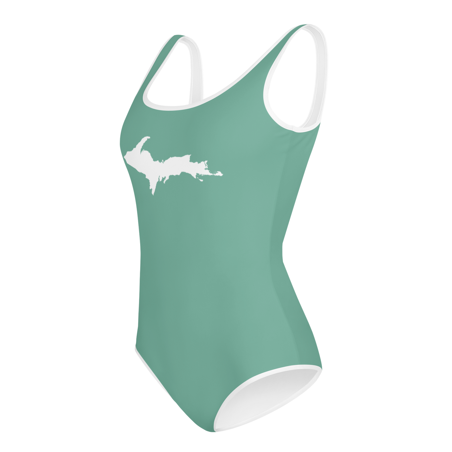 Michigan Upper Peninsula Youth Swimsuit (w/ UP Outline) | Metallic Mint Green