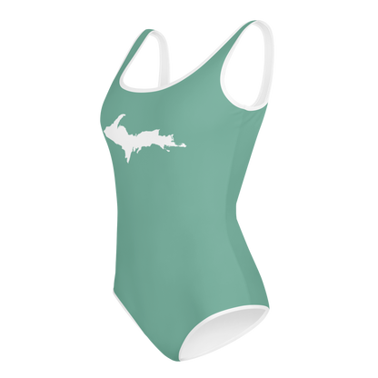 Michigan Upper Peninsula Youth Swimsuit (w/ UP Outline) | Metallic Mint Green