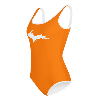 Michigan Upper Peninsula Youth Swimsuit (w/ UP Outline) | Safety Orange