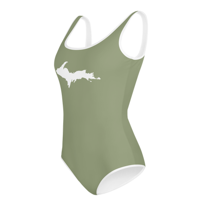 Michigan Upper Peninsula Youth Swimsuit (w/ UP Outline) | Beachgrass Green