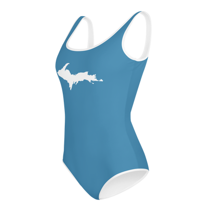 Michigan Upper Peninsula Youth Swimsuit (w/ UP Outline) | Lake Michigan Blue