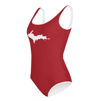 Michigan Upper Peninsula Youth Swimsuit (w/ UP Outline) | Thimbleberry Red