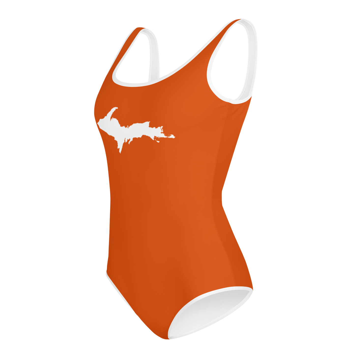 Michigan Upper Peninsula Youth Swimsuit (w/ UP Outline) | Maple Leaf Orange