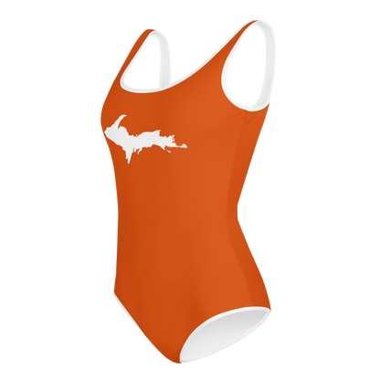 Michigan Upper Peninsula Youth Swimsuit (w/ UP Outline) | Maple Leaf Orange