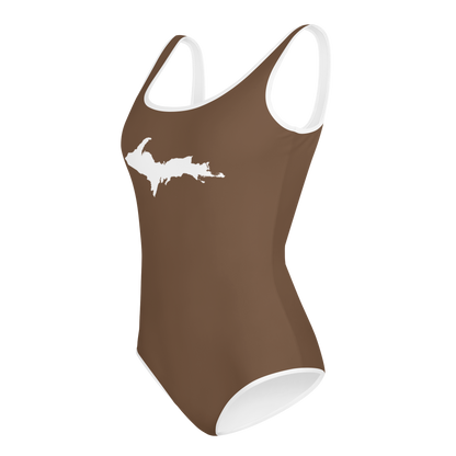 Michigan Upper Peninsula Youth Swimsuit (w/ UP Outline) | Coffee Color