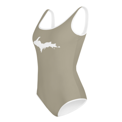 Michigan Upper Peninsula Youth Swimsuit (w/ UP Outline) | Petoskey Stone Beige