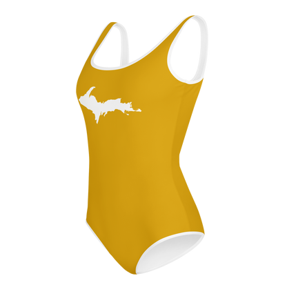 Michigan Upper Peninsula Youth Swimsuit (w/ UP Outline) | Gold