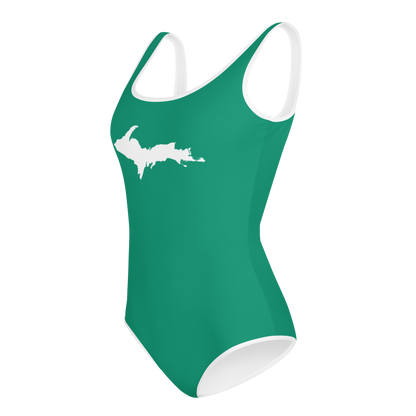 Michigan Upper Peninsula Youth Swimsuit (w/ UP Outline) | Emerald Green