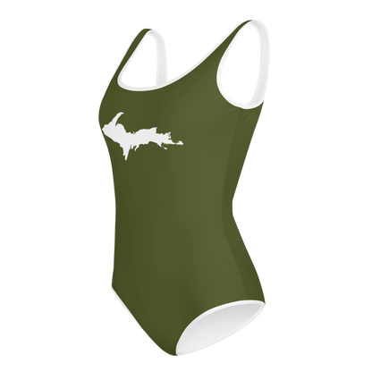 Michigan Upper Peninsula Youth Swimsuit (w/ UP Outline) | Army Green