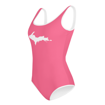 Michigan Upper Peninsula Youth Swimsuit (w/ UP Outline) | Rhodochrosite Pink