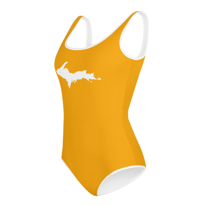 Michigan Upper Peninsula Youth Swimsuit (w/ UP Outline) | Birch Bark Orange