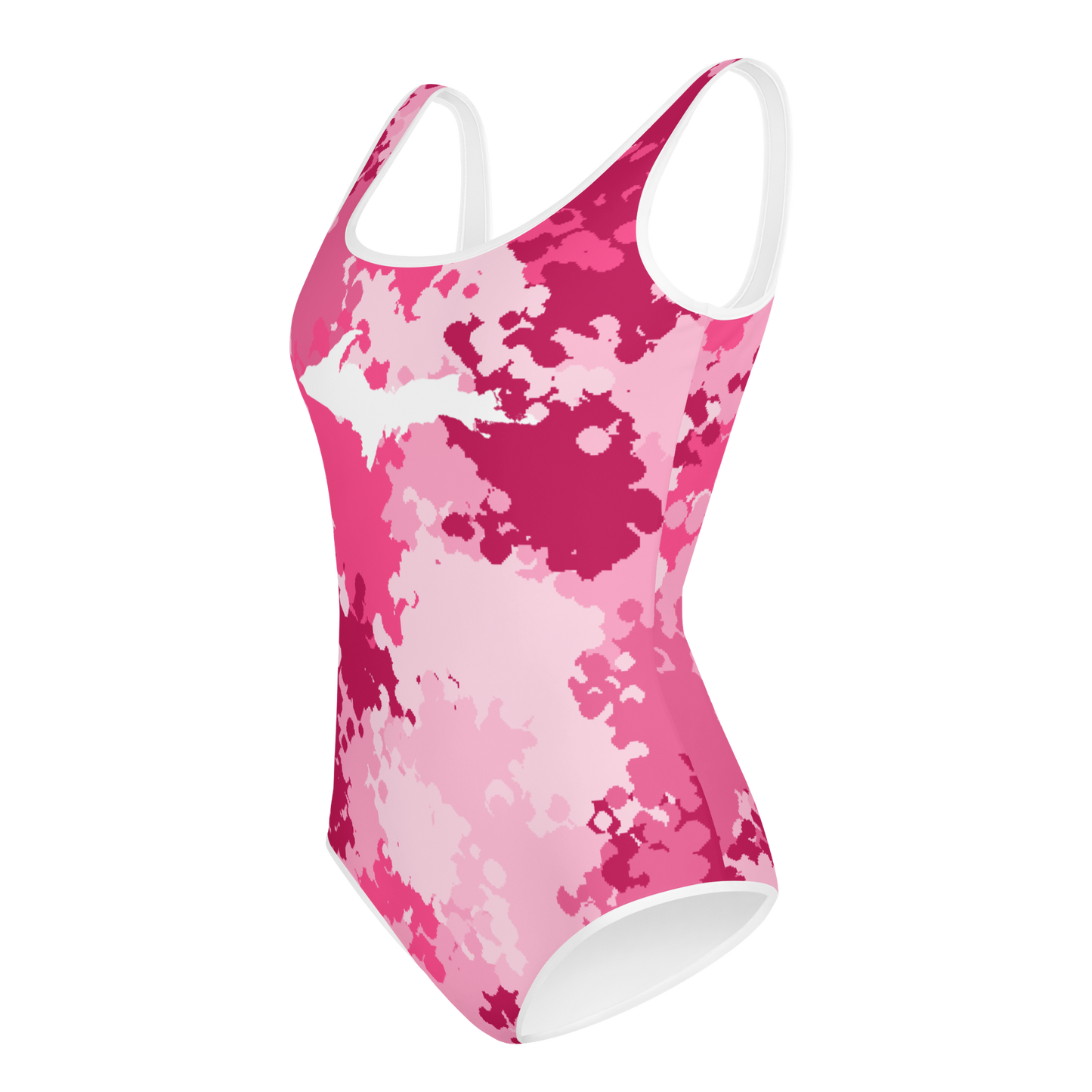 Michigan Upper Peninsula Youth Swimsuit (w/ UP Outline) | Pink Camo