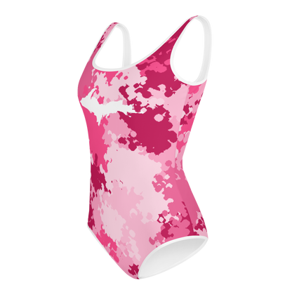 Michigan Upper Peninsula Youth Swimsuit (w/ UP Outline) | Pink Camo