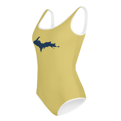 Michigan Upper Peninsula Youth Swimsuit (w/ UP Outline) | Plum Yellow